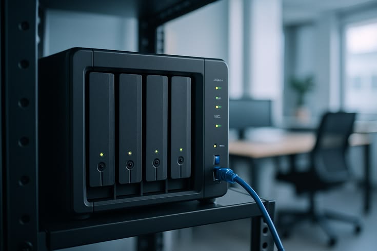 Disco de almacenamiento externo conectado a una computadora con carpetas de proyectos