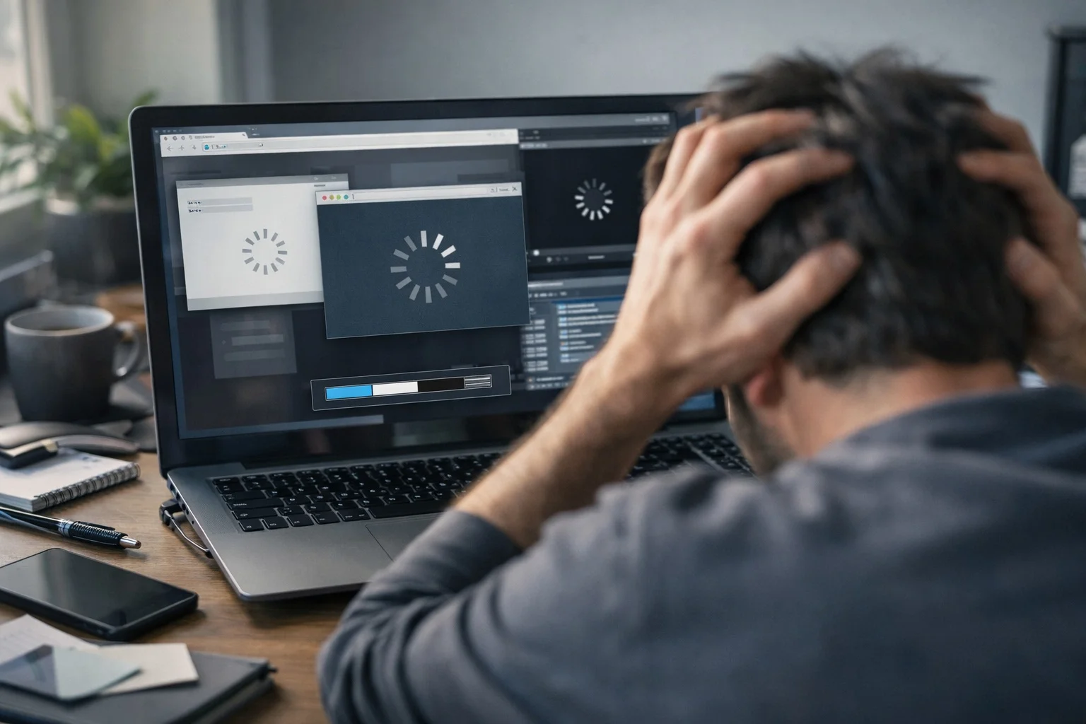 Computadora de escritorio abierta con el disco duro a la vista y el medidor de almacenamiento casi lleno
