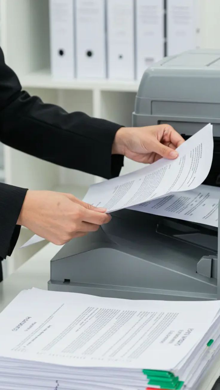 Escáner empresarial digitalizando un expediente en una oficina con carpetas ordenadas por año