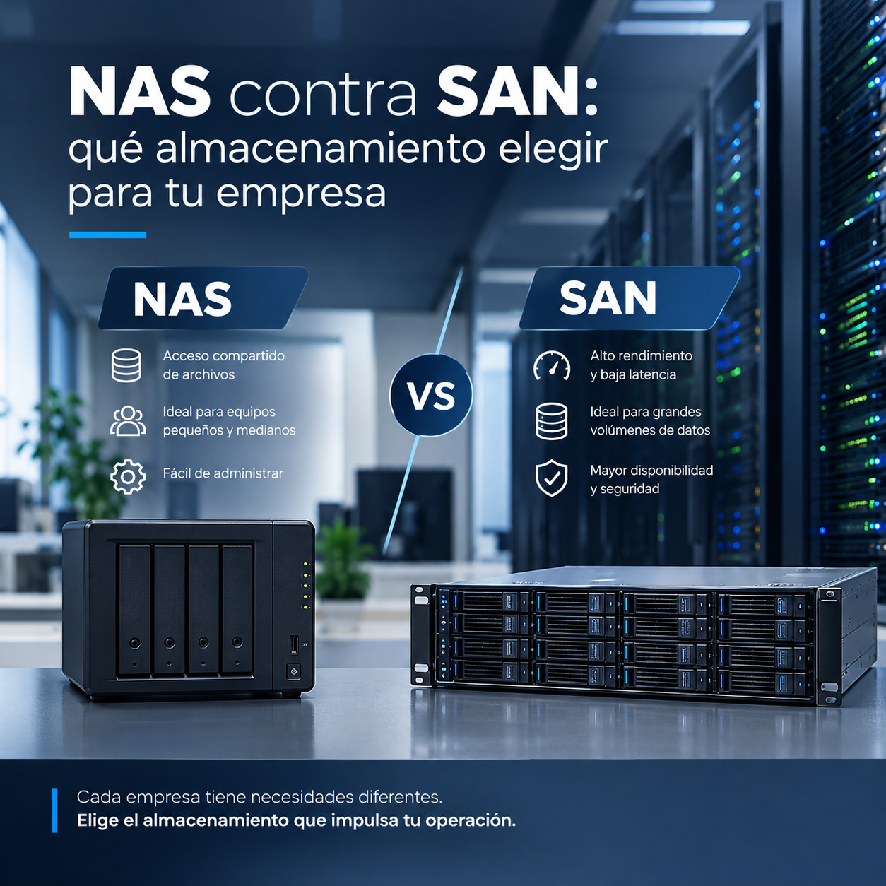Equipo de almacenamiento conectado en red junto a un servidor de una oficina