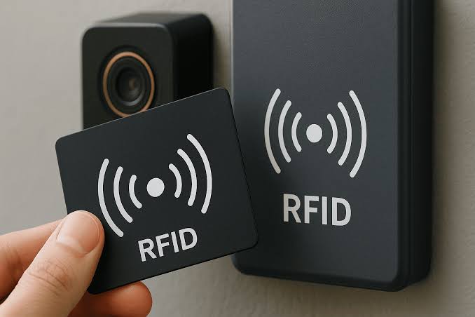 Terminal portátil con lector RFID haciendo inventario en un almacén