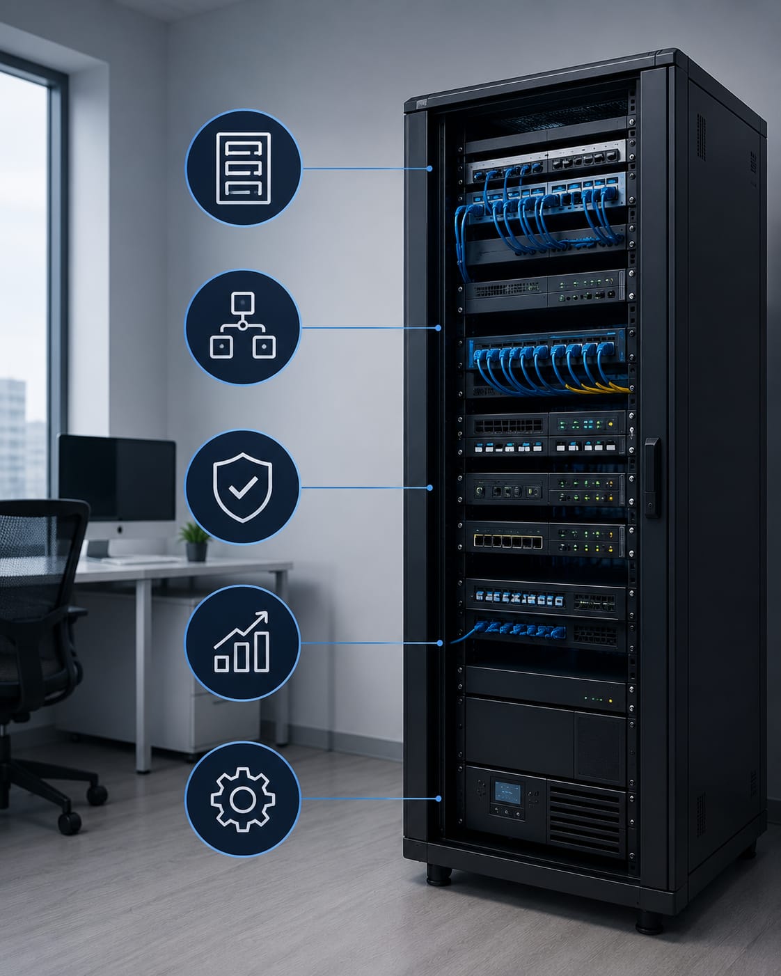 Rack de telecomunicaciones con patch panel, switch y cableado ordenado