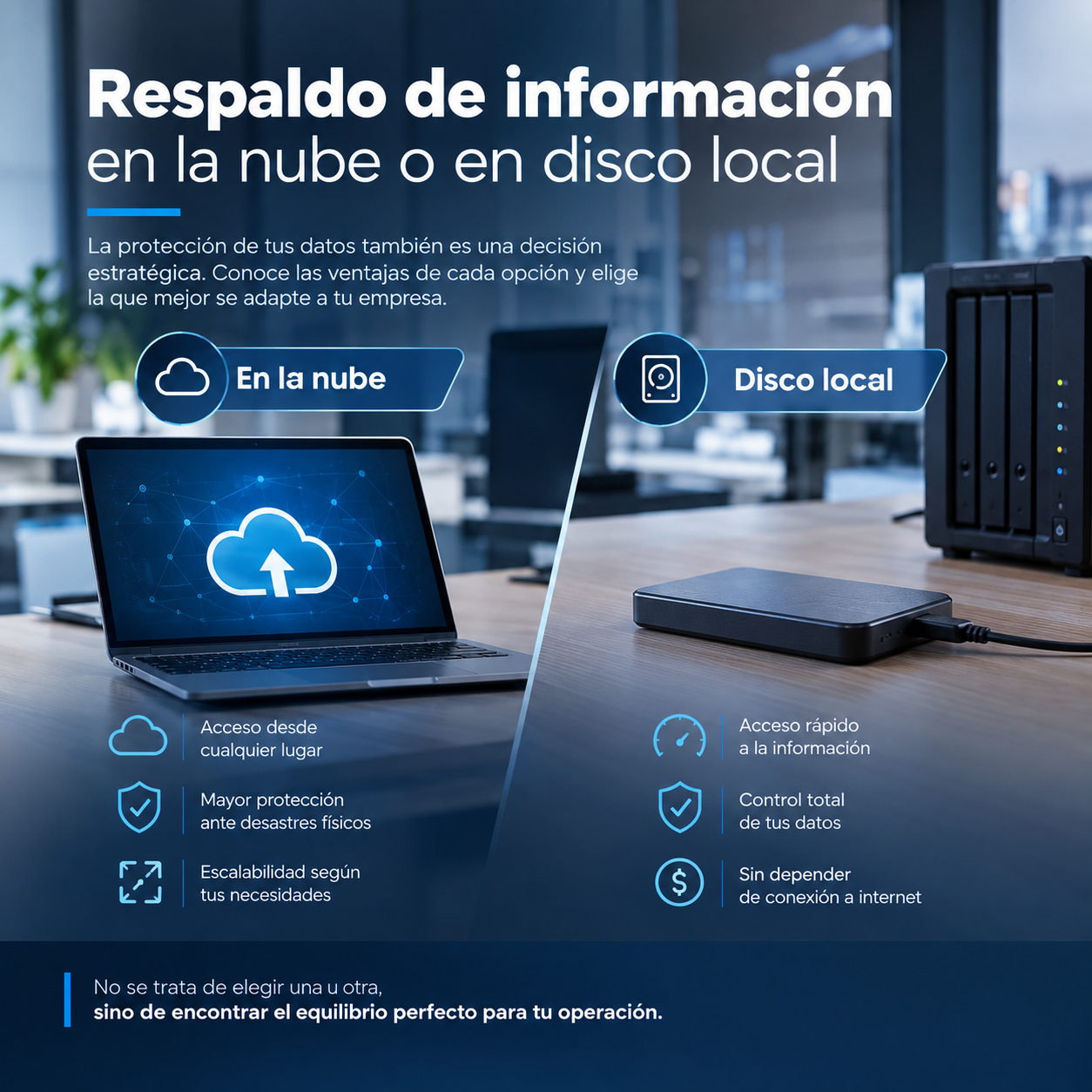 Disco externo conectado a una computadora junto a una pantalla con el progreso de una copia